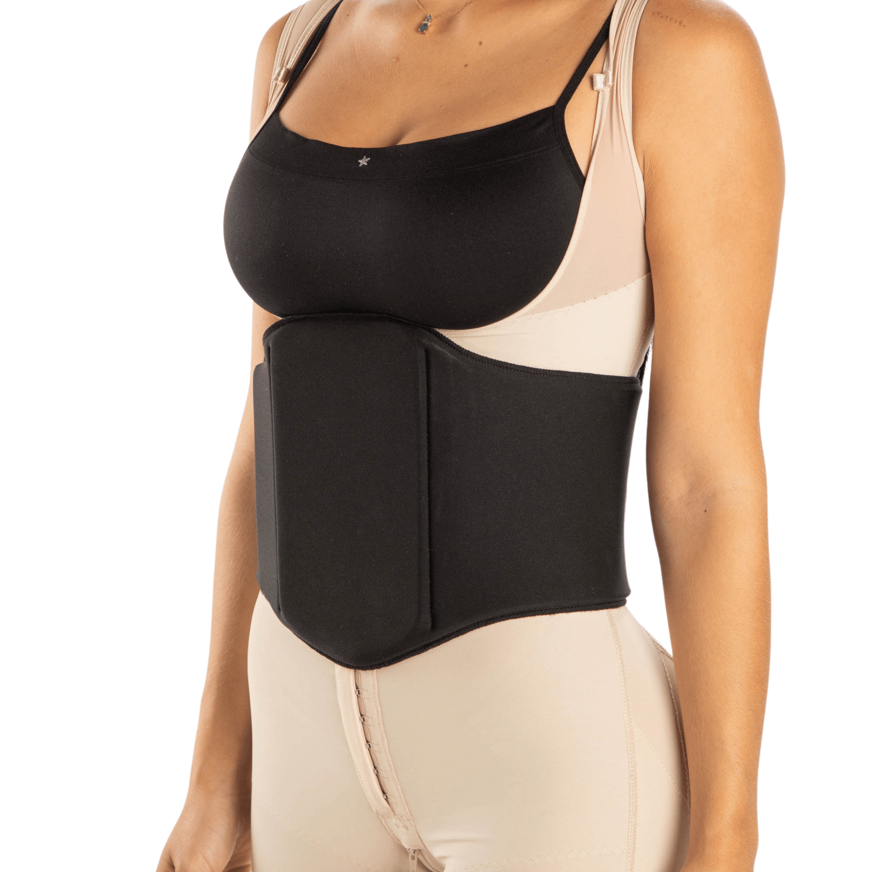 Abdominal 360 Wrap Worn Over Faja – Full Torso Front View Post-Lipo Compression Board Wrap for Body Contouring