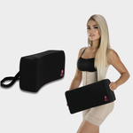 BBL Back Support Cushion with Adjustable Strap – Lifestyle Shot with Model in Post-Surgery Compression Garment