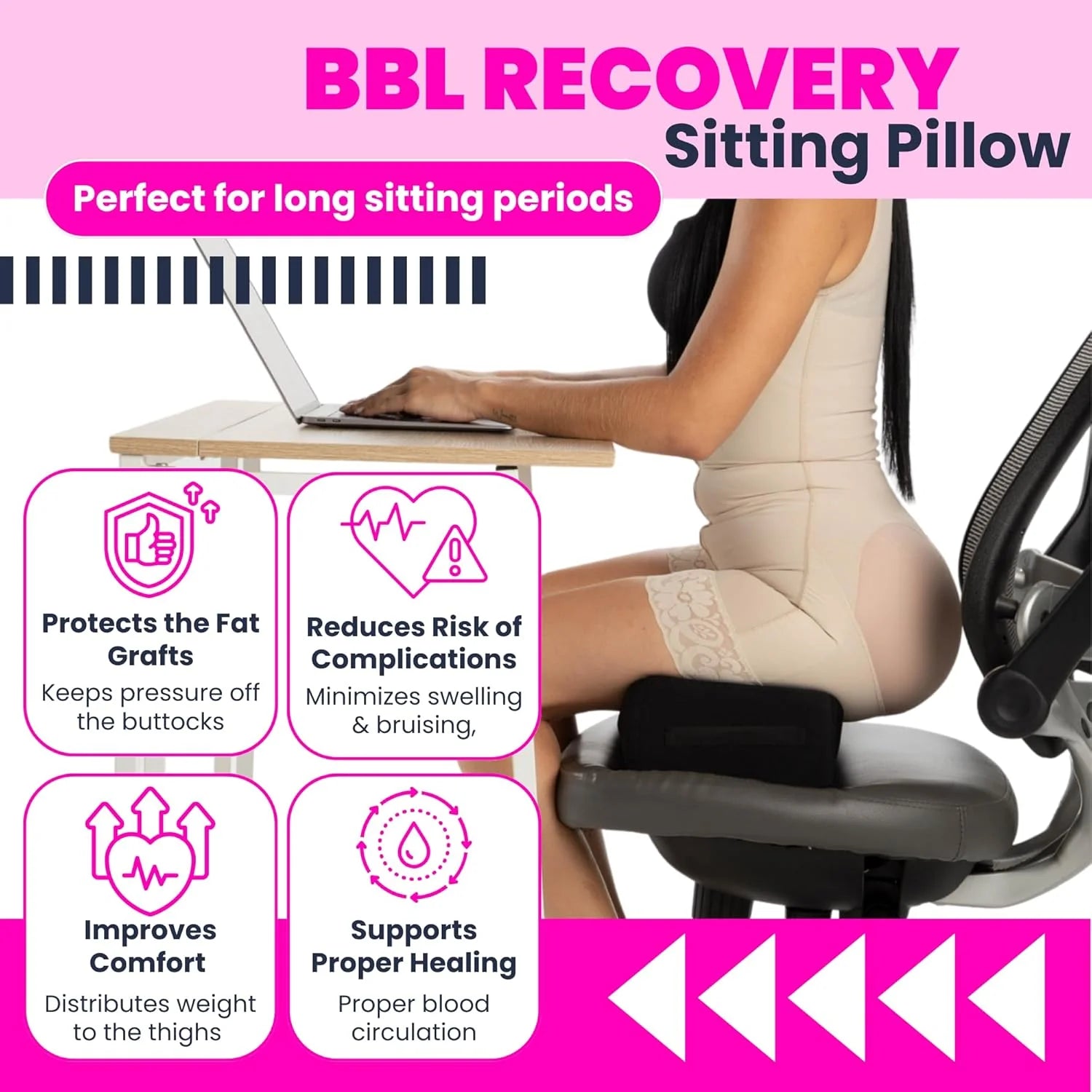 BBL Back Support Pillow Black on Chair – Enhanced Posture Reduced Back Strain Improved Comfort Post-Surgery Recovery 