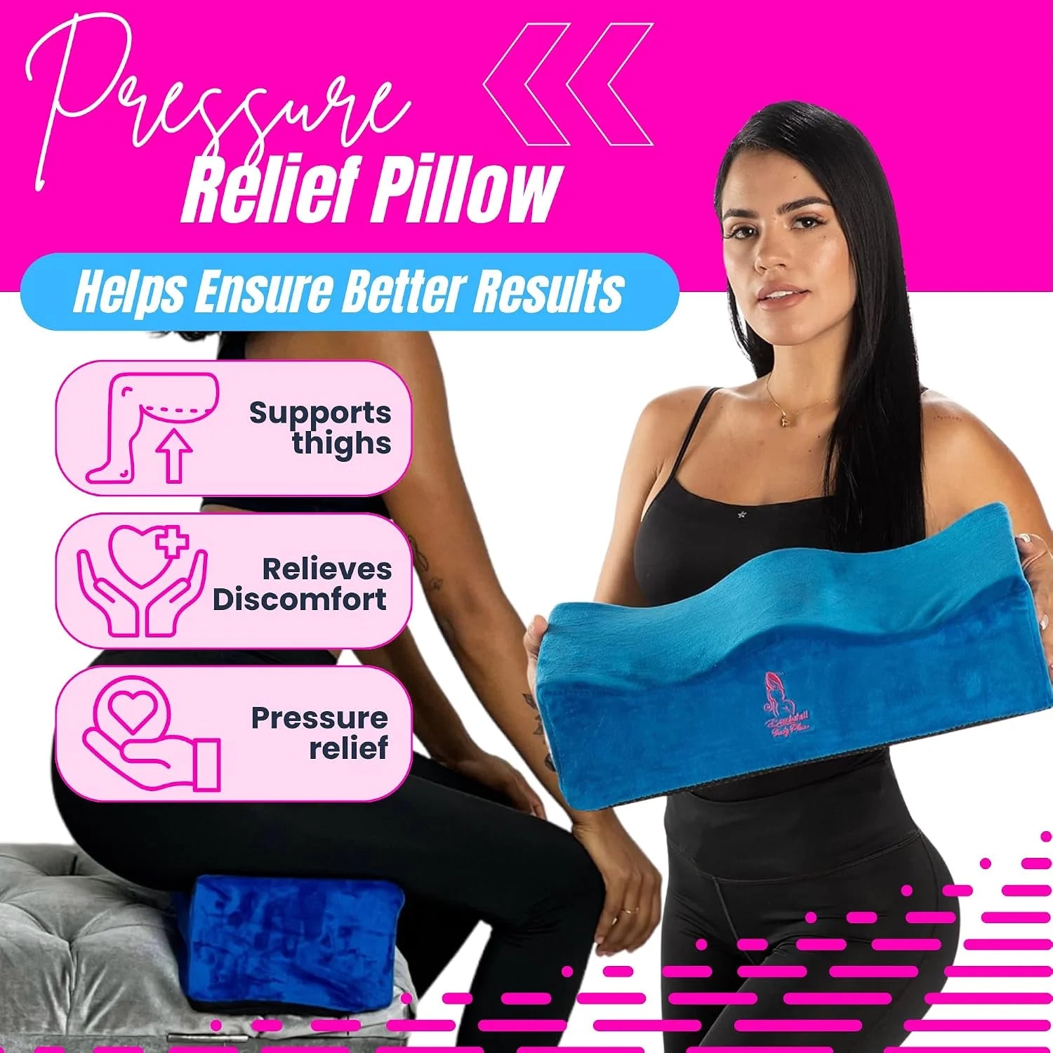 BBL Back Support Pillow Blue on Chair – Enhanced Posture Reduced Back Strain Improved Comfort Post-Surgery Recovery 