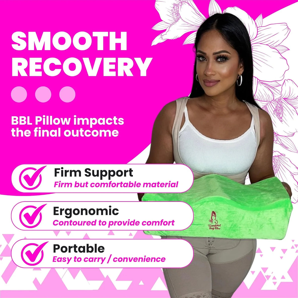 Green BBL Recovery Pillow Angled View – Post-Surgery Brazilian Butt Lift Cushion for Sitting Comfort 