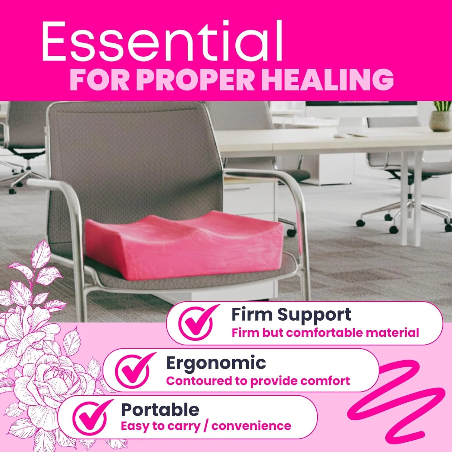 Pink BBL Pillow on Chair – Post-Surgery Brazilian Butt Lift Recovery Cushion with Travel Bag 