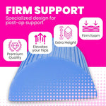 BBL Toilet Seat Riser Blue Lifestyle – Woman Holding D-Shaped Post-Surgery Toilet Cushion 