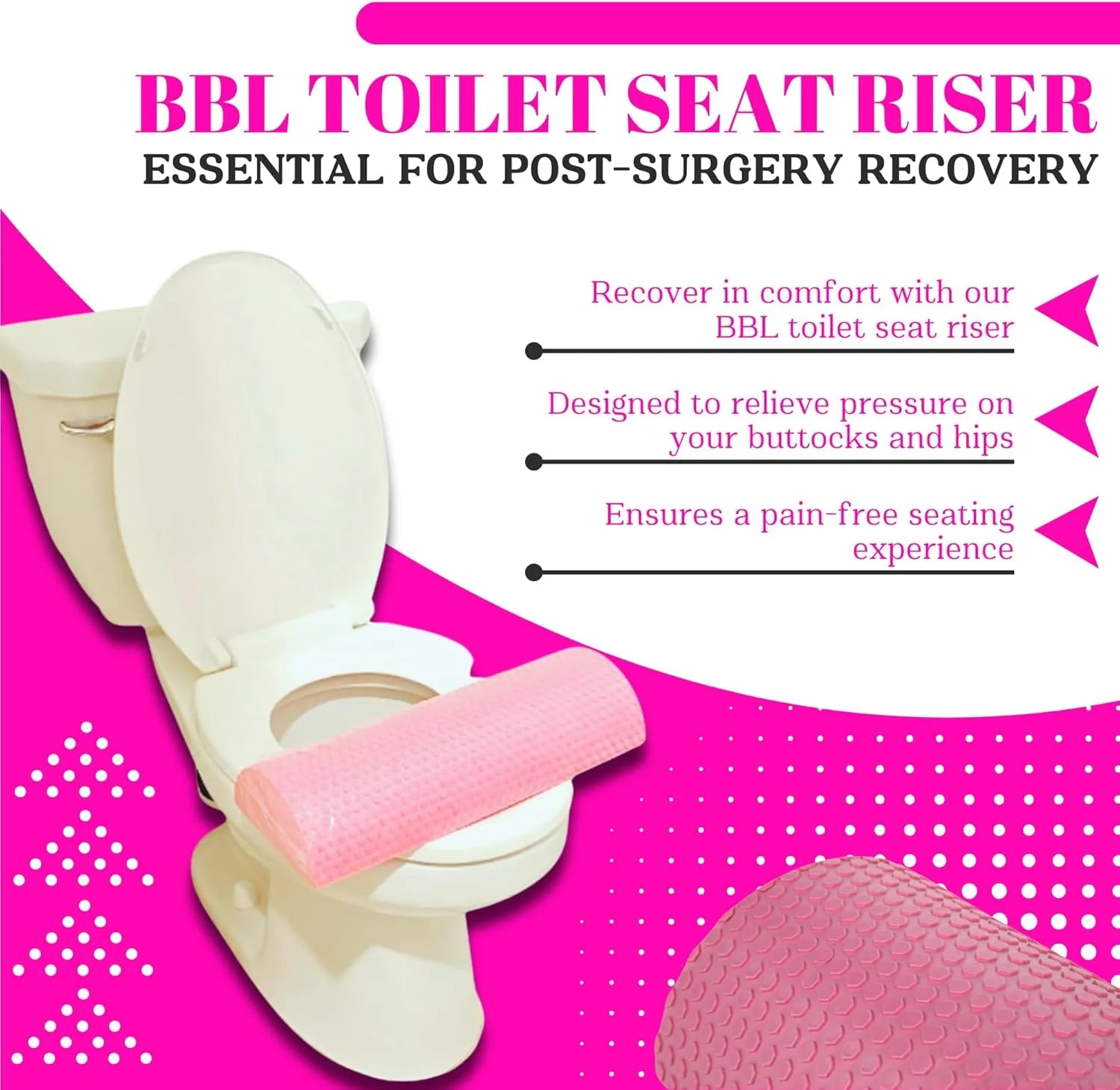 BBL Toilet Seat Riser Pink Top View – D-Shaped Foam Post-Surgery Toilet Seat Cushion for BBL Recovery 