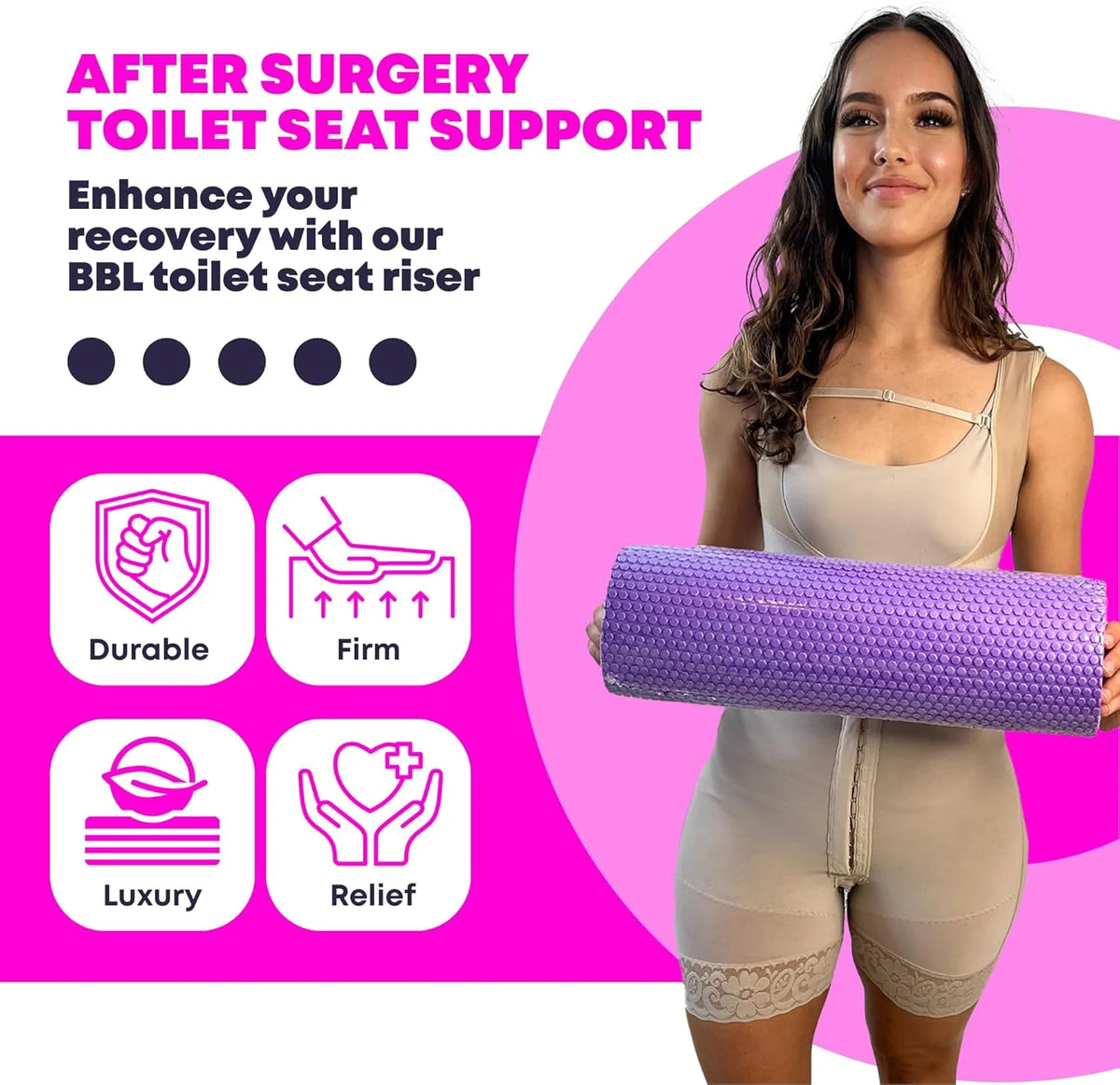 BBL Toilet Seat Riser Purple Lifestyle – Woman Holding D-Shaped Post-Surgery Toilet Cushion in Faja 