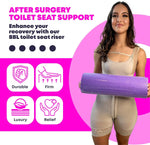BBL Toilet Seat Riser Purple Lifestyle – Woman Holding D-Shaped Post-Surgery Toilet Cushion in Faja 