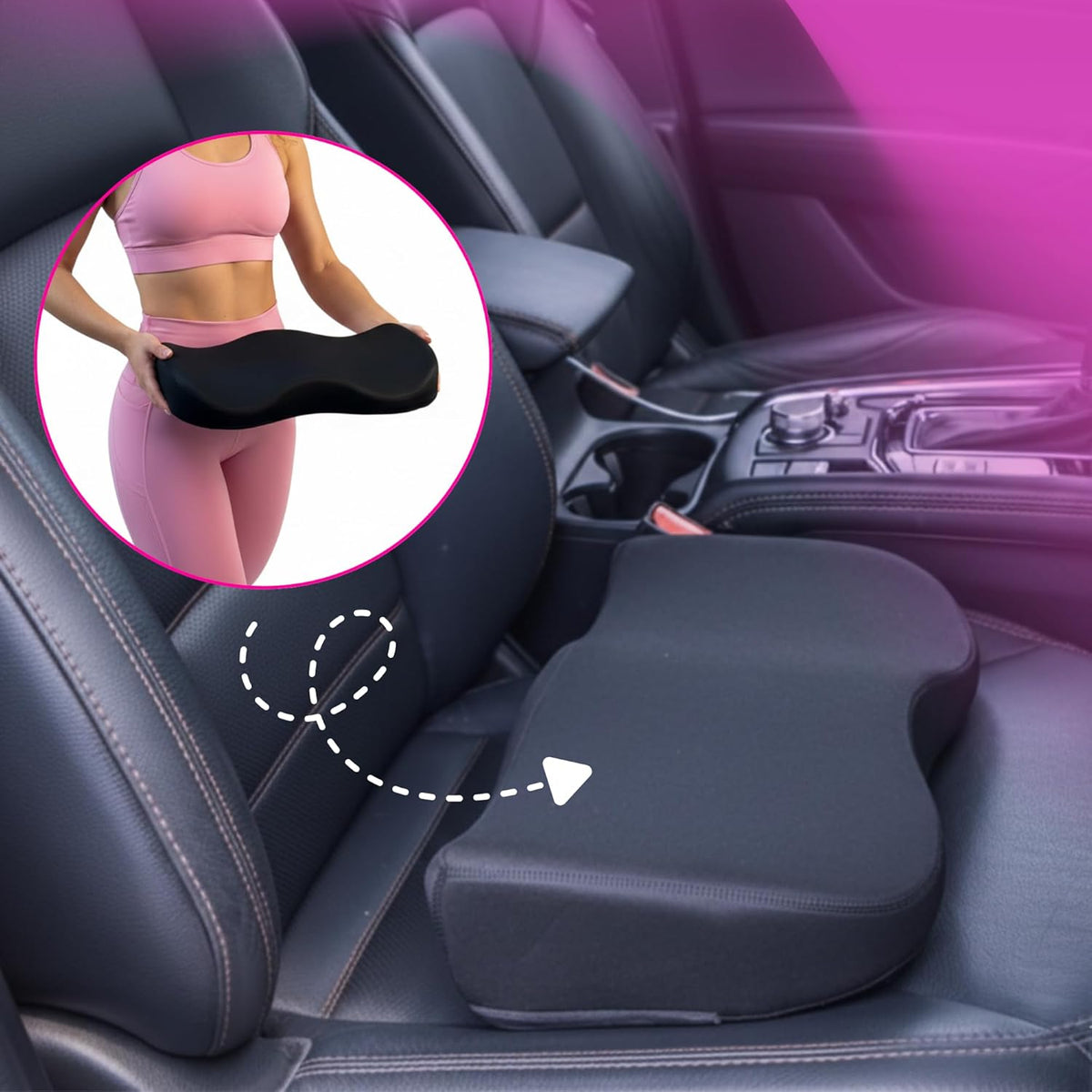 How to Sit After BBL Surgery in Car – Bombshell Booty Pillow Placed on Driver Seat for Safe BBL Recovery