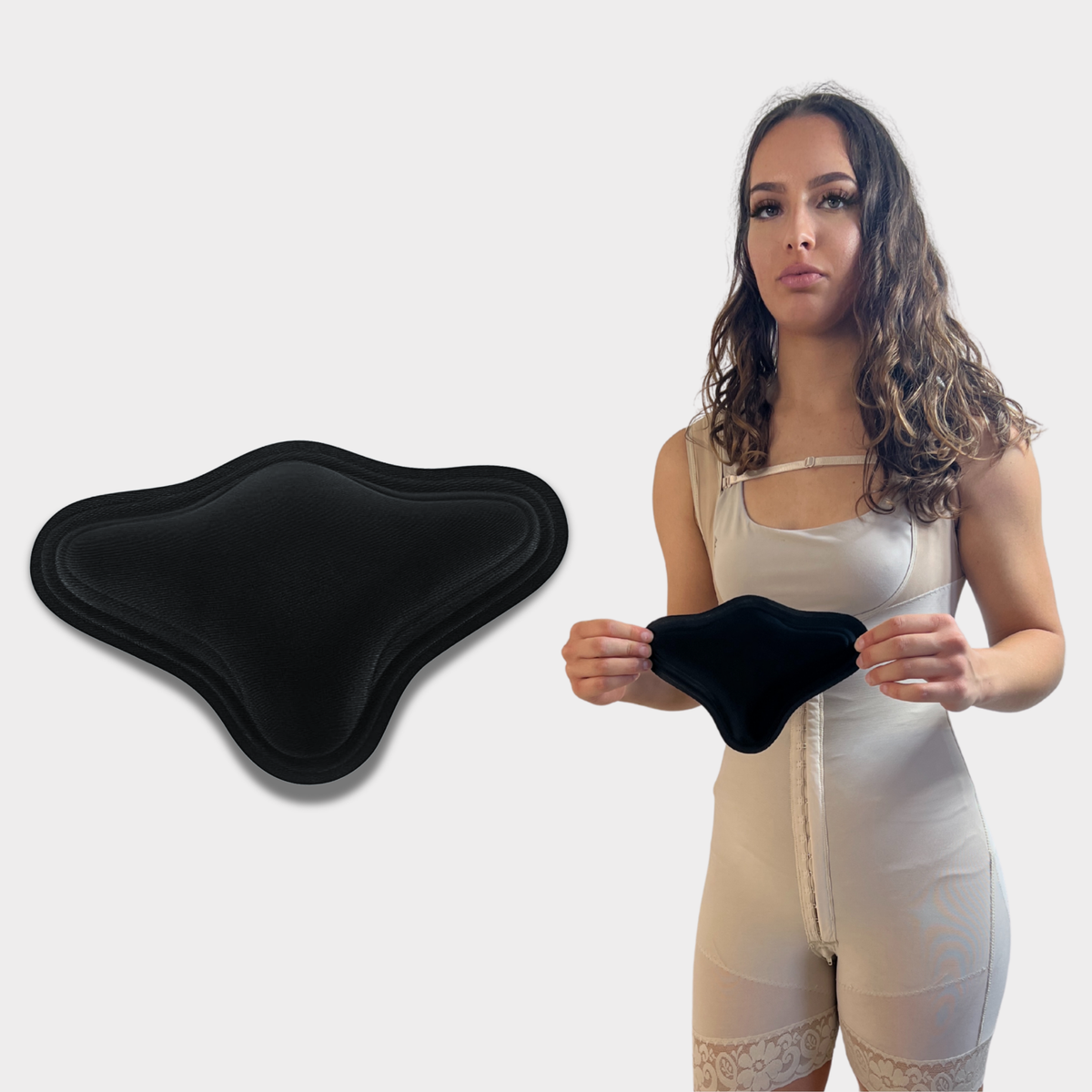 Lipo Foam Lumbar Molder Backboard Being Placed Under Faja – Post-Liposuction Back Support Board for Recovery