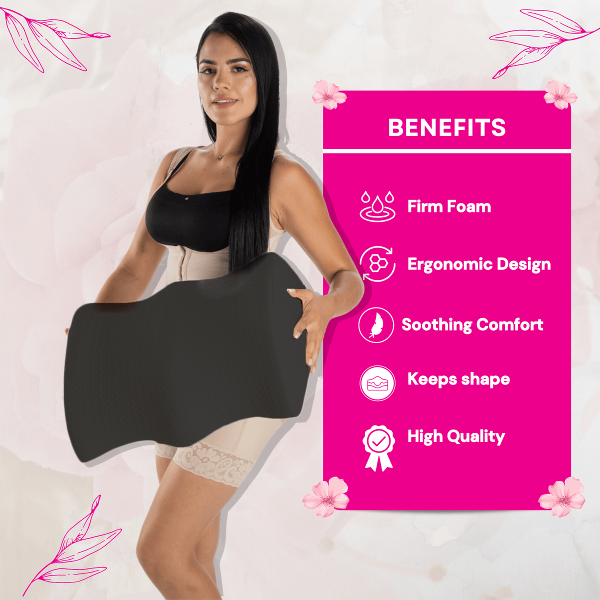 XXL Black BBL Pillow Features – Ergonomic Foam Sitting Cushion for Car, Gaming, Travel and Office Use 