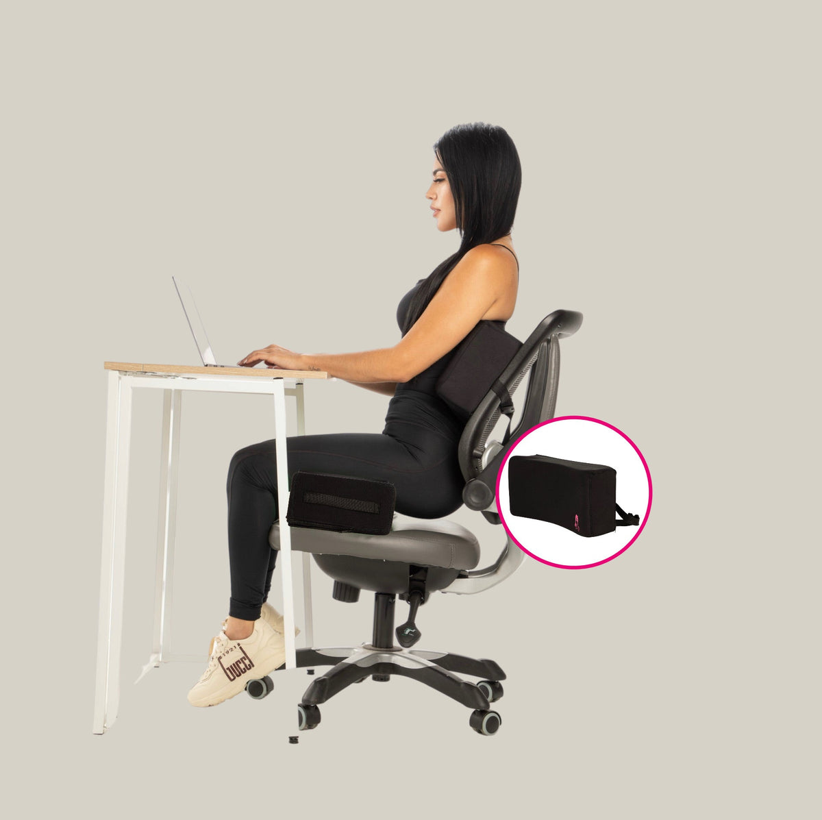 BBL Lumbar Backrest Cushion in Use at Office Desk – Post-Surgery Back Support for Sitting During BBL Recovery