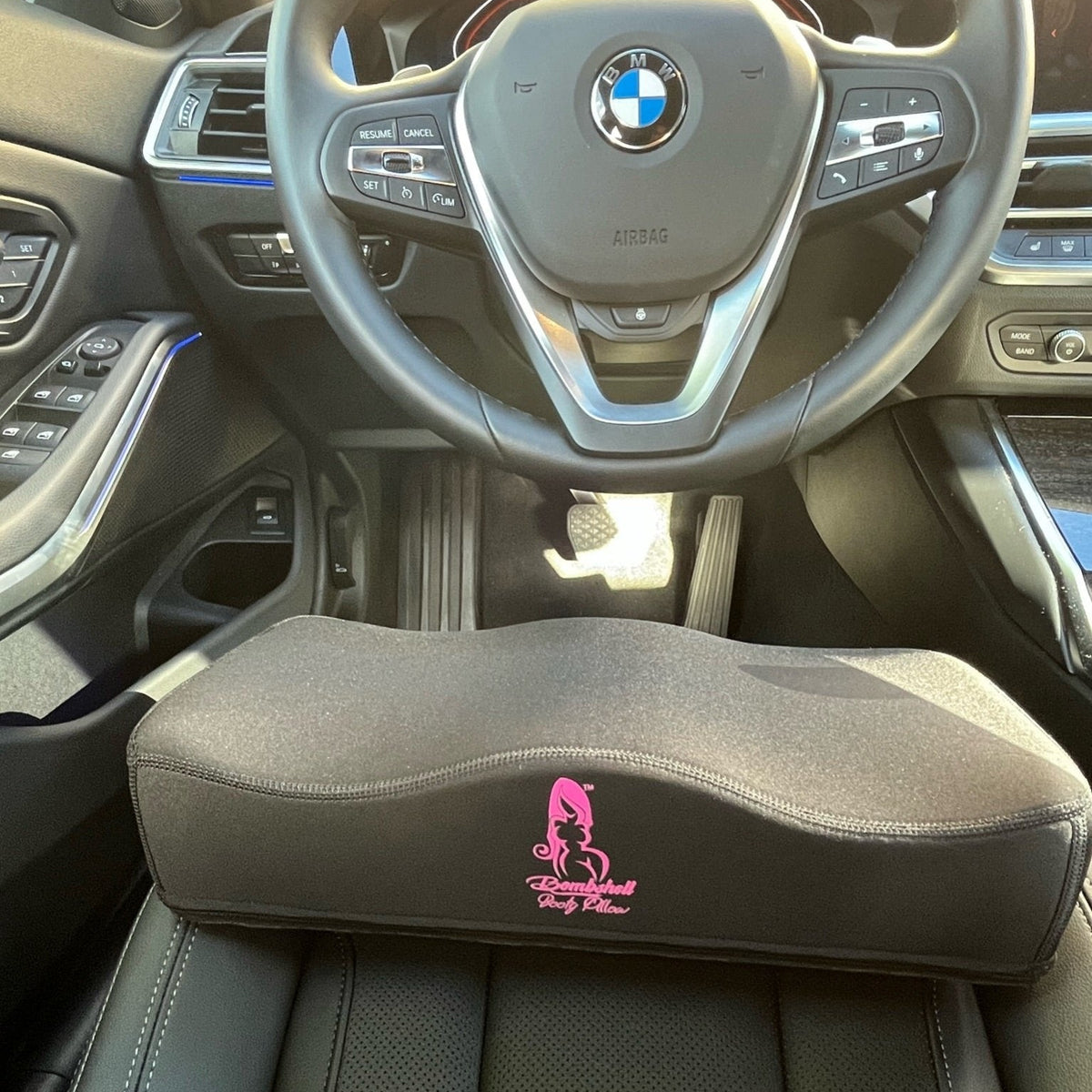 Bombshell Booty Pillow BBL Car Cushion on BMW Driver Seat – Original Patented BBL Pillow for Driving After Surgery