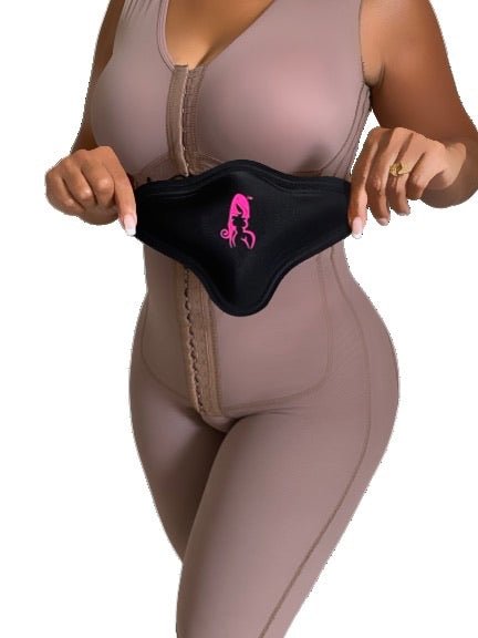 Lipo Foam Lumbar Molder Backboard Back View – Placing Foam Board on Lower Back Over Faja Post-Lipo Surgery
