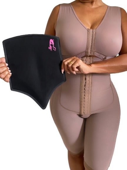 Woman in Post-Surgery Faja Holding Lipo Lumbar Molder – Backboard Support for Liposuction and BBL Recovery